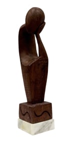 Mid-Century Modernist Figural Wood Thinker Sculpture On Marble Base