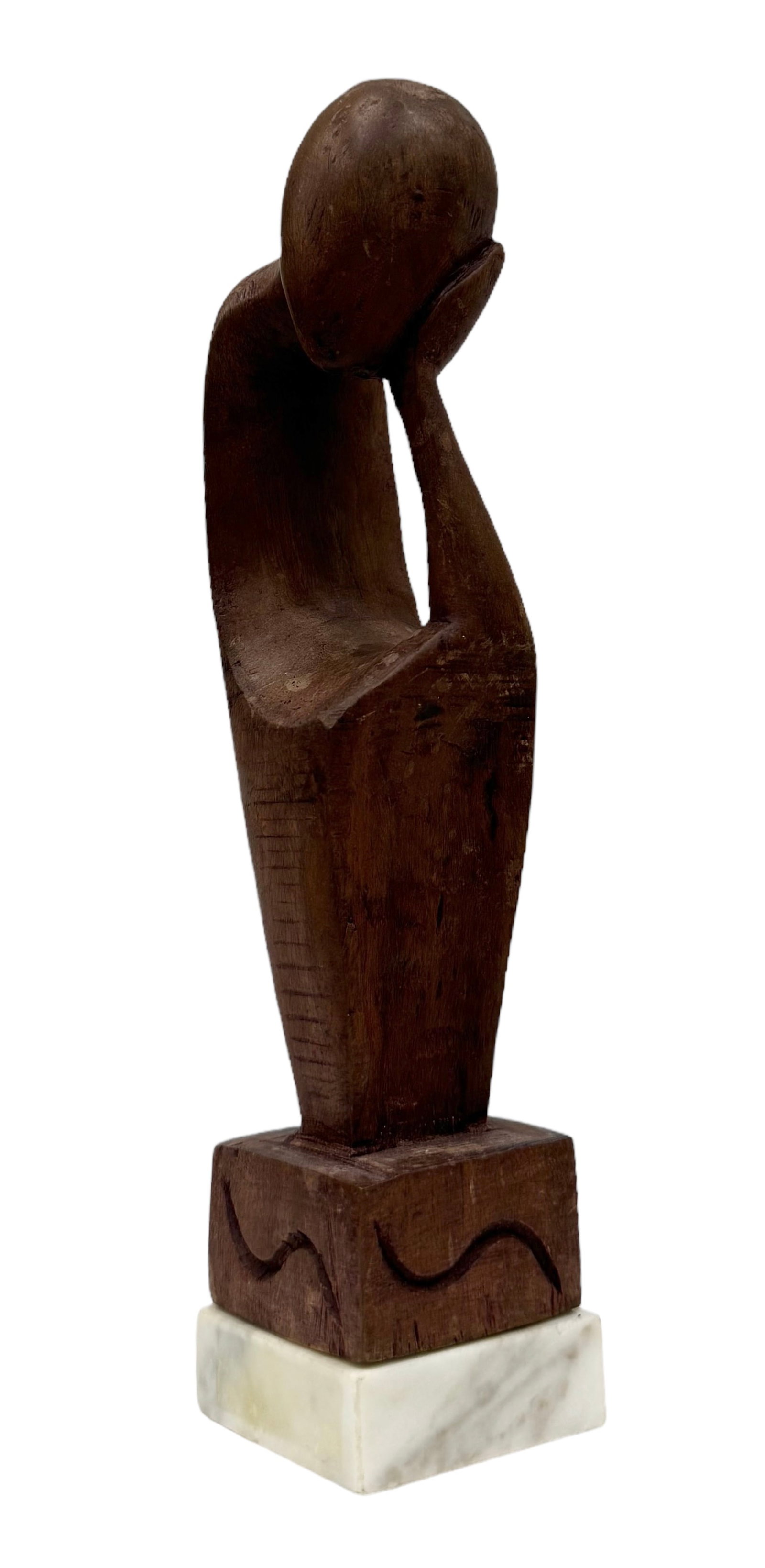 Mid-Century Modernist Figural Wood Thinker Sculpture On Marble Base: 10 x 2 x 2 in