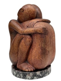 Mid-Century Carved Wood Sculpture Of Figures Embracing On Marble Base