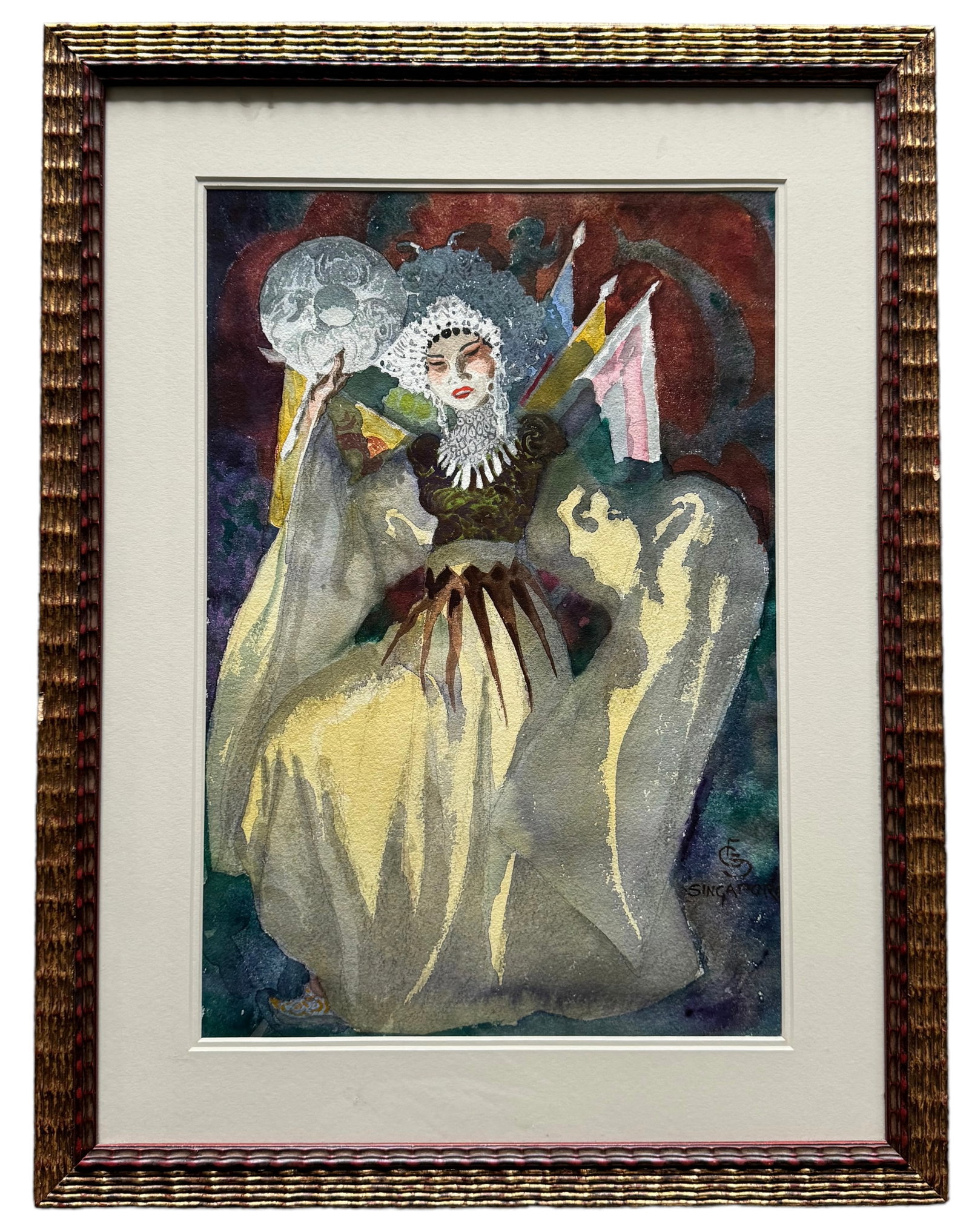 Nicely Framed Singaporean Watercolor Of A Woman In Costume, Monogrammed: Singapore. Watercolor on paper 19.5 x 13 in (sight), 27 x 20.5 in (framed).