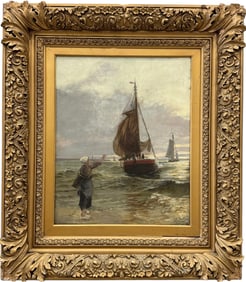KARL BEHM German Impressionist Seascape w/ Boats, Beautiful Large Gold Gesso Frame