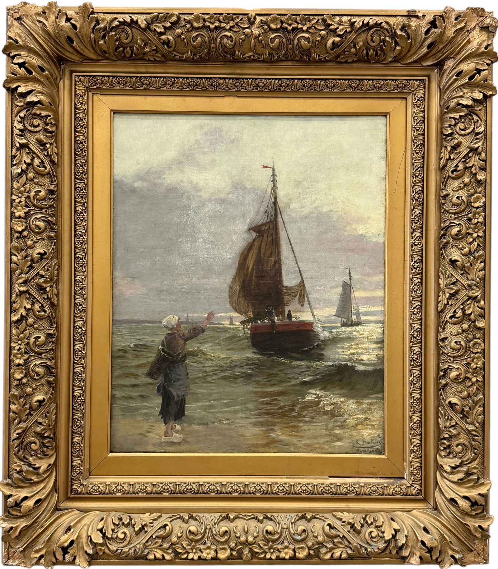 KARL BEHM German Impressionist Seascape w/ Boats, Beautiful Large Gold Gesso Frame (1 of 6)