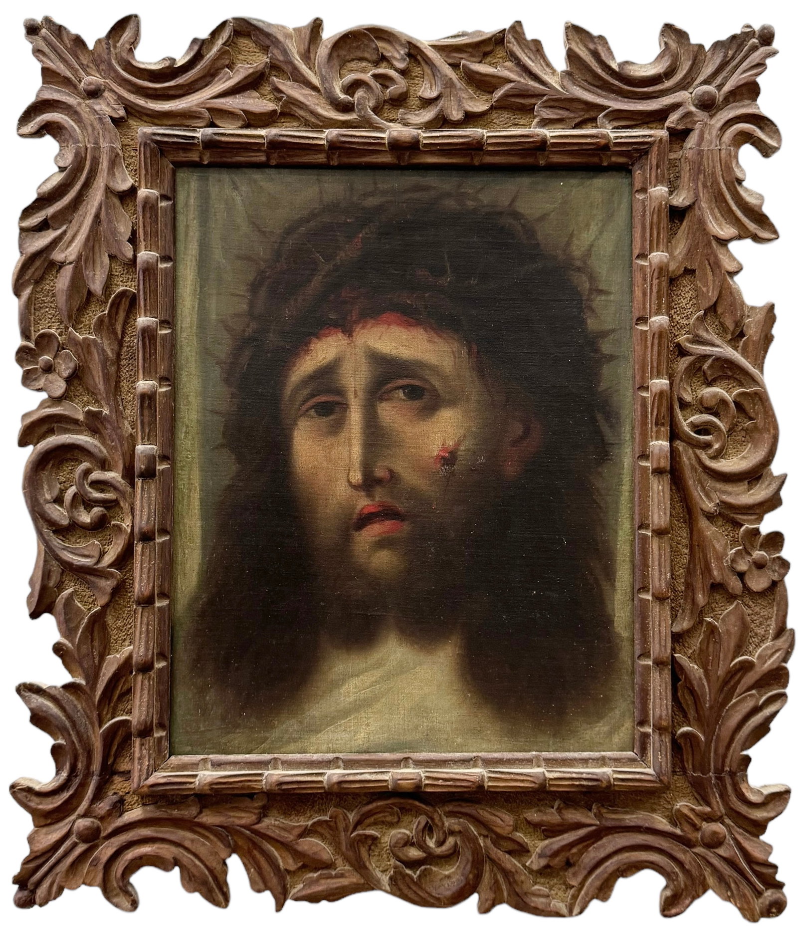 Old Master Portrait Of Jesus Christ, Carved Wood Frame: Oil on canvas 15.5 x 12.5 in, 22 x 19 in (framed). This came out of the same estate as the previous lot. Upon close examination you can see it has been laid on top of another canvas and the edges have