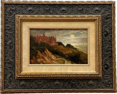 ROBERT GALLON (1845-1925, United Kingdom) The Felix Hotel, Felixstowe, UK: Oil on canvas 11 x 7 in, 21 x 17 in (framed). Robert Gallon was a landscape and coastal painter who lived in St John's Wood, London. He traveled extensively throughout the British Isles to paint his s
