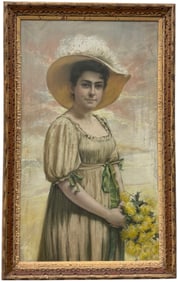 American School Victorian Pastel Portrait Of A Woman At The Beach, Nicely Framed