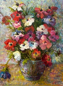 Vintage American School Modernist Still Life Of Flowers, Peonies, Signed