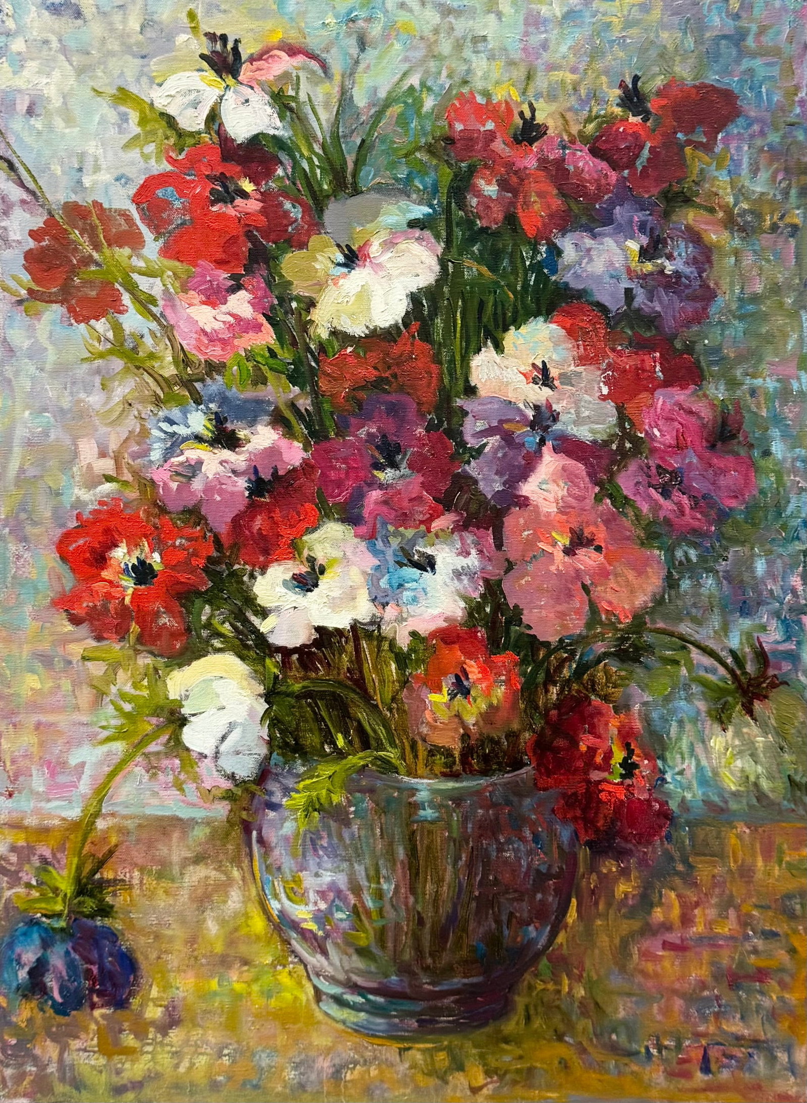 Vintage American School Modernist Still Life Of Flowers, Peonies, Signed: Oil on canvas 30 x 33 in