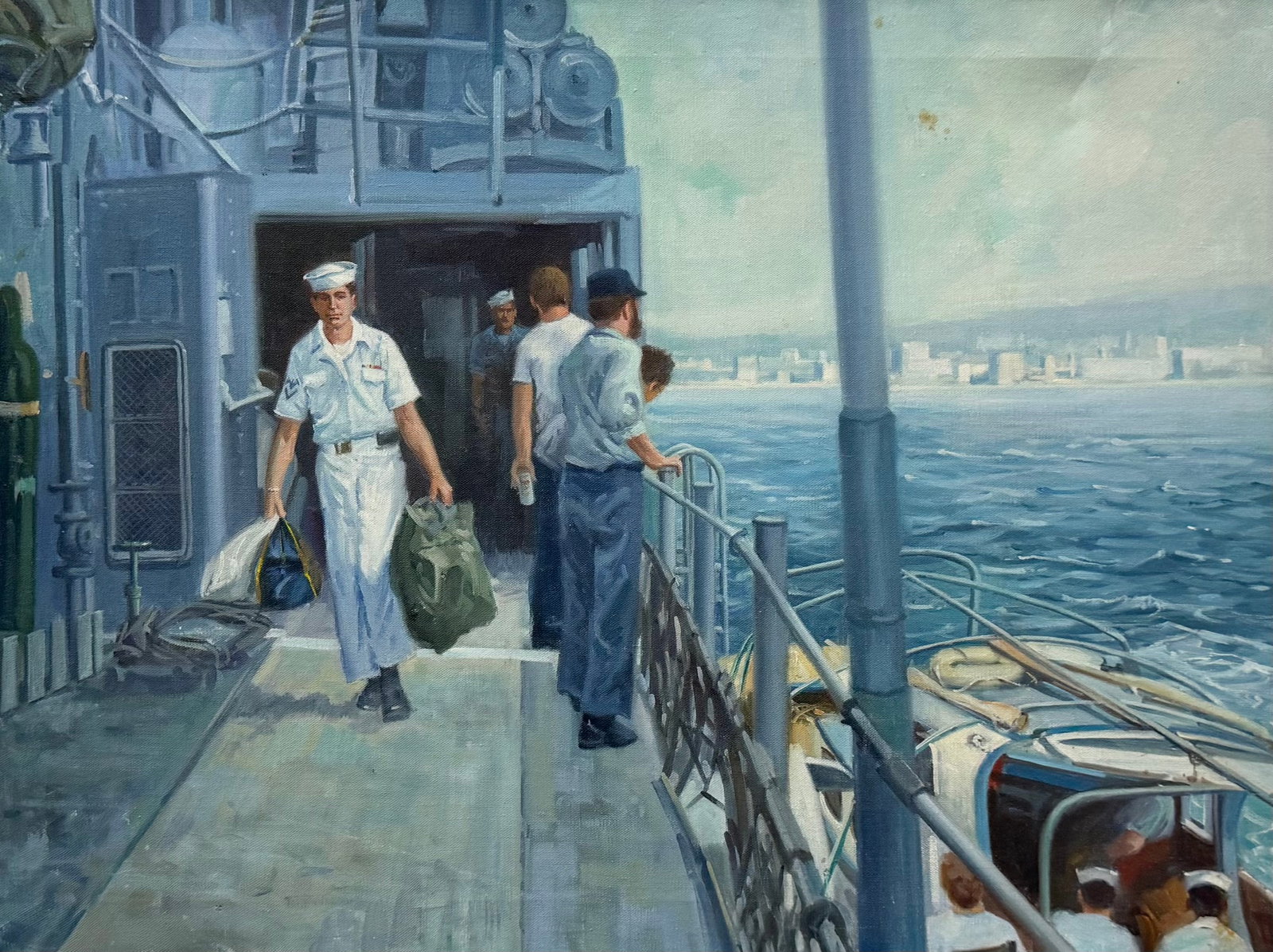 Vintage American School Painting Of US Navy Officers On Ship: Oil on canvas 29 x 22 in