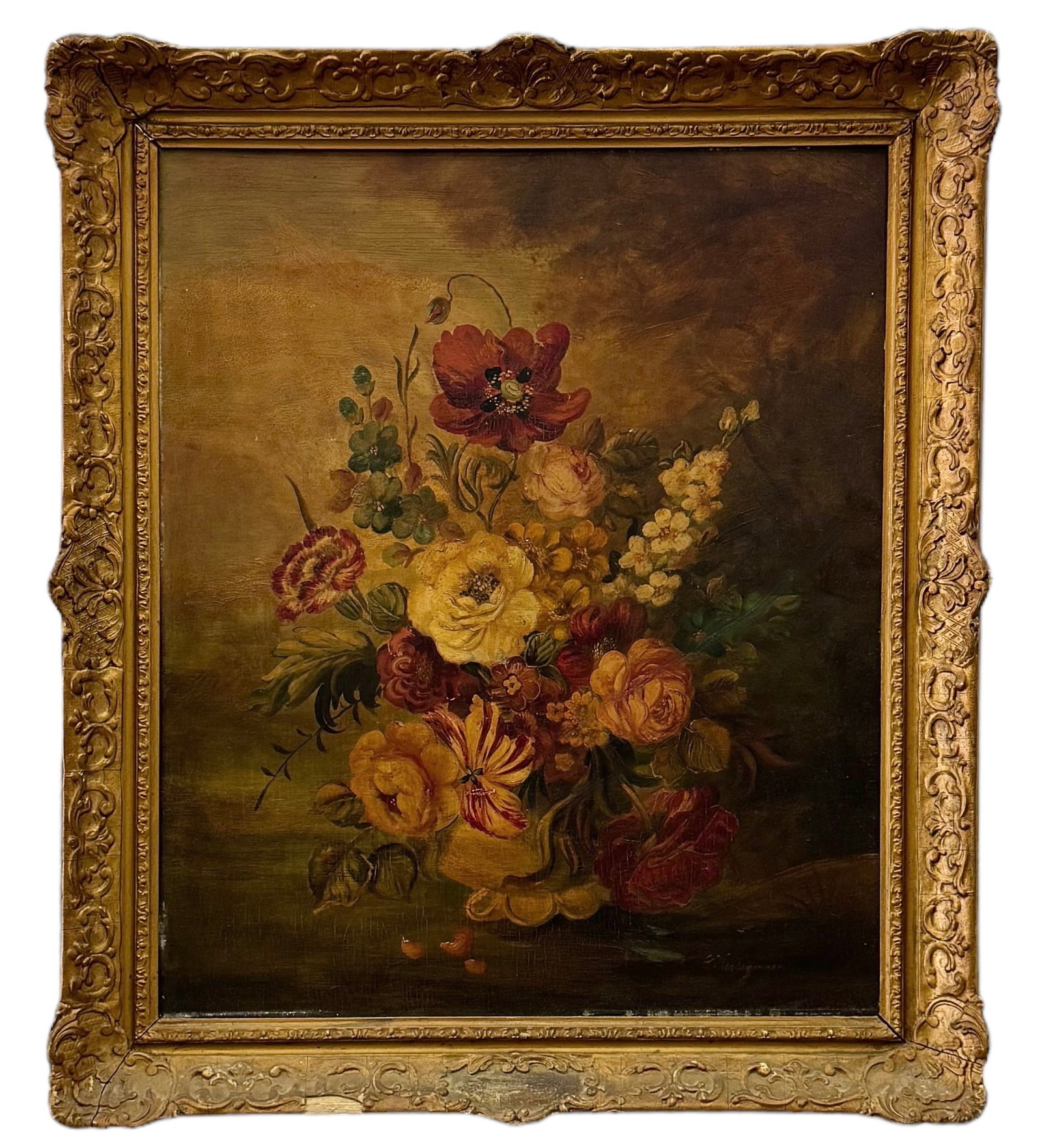American School Still Life Of Flowers, Signed: Oil on board 11 x 14 in, 16.5 x 20.5 in (framed)