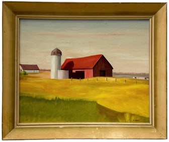 Vintage American School Regionalist Farm Landscape, Signed