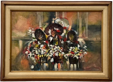 Vintage Latin American Modernist Painting Figures w/ Flowers, Signed