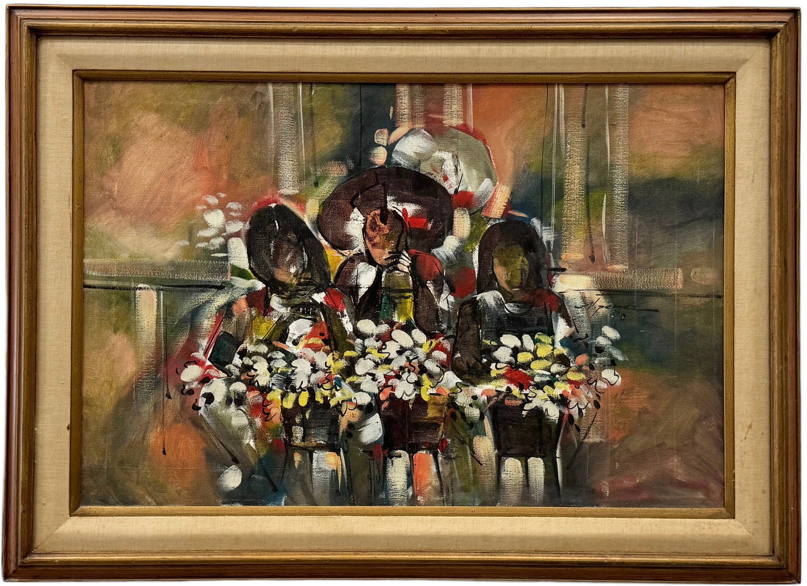 Vintage Latin American Modernist Painting Figures w/ Flowers, Signed: Oil on canvas 36 x 24 in, 44 x 32 in (framed)