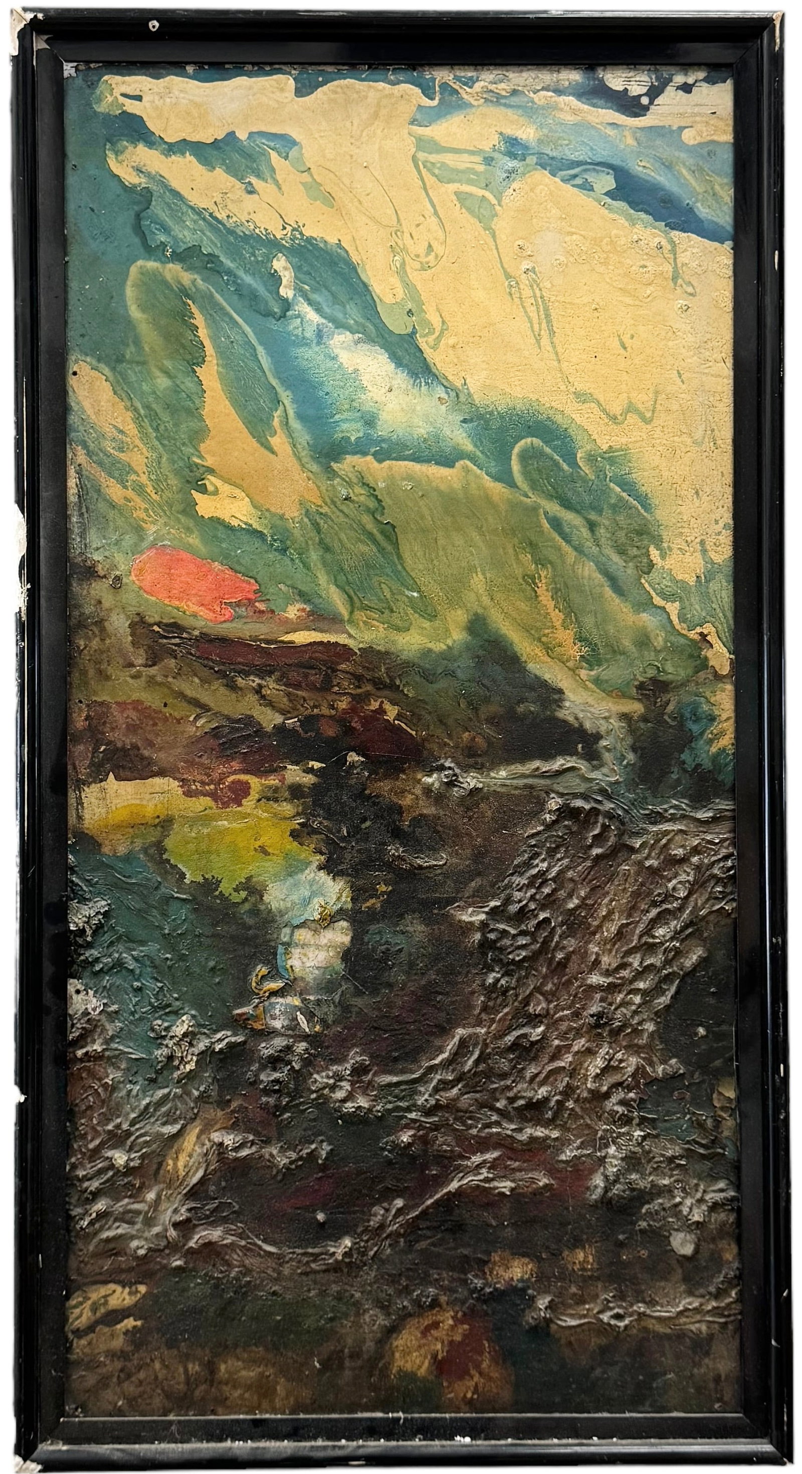 Mid-Century Spanish Modernist Abstract Painting Writing Verso: Oil on masonite 34 x 18 in