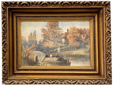 Antique English School Pastel River Boat Landscape