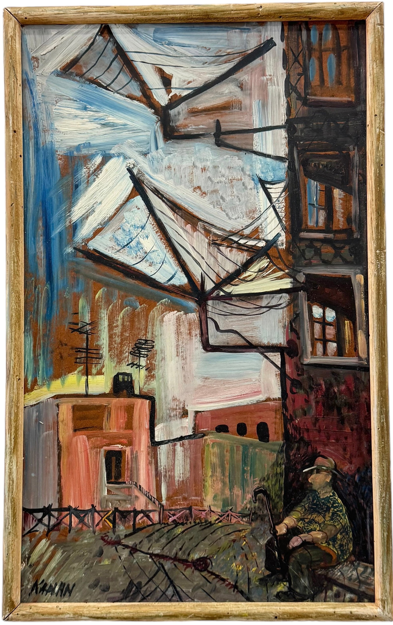WPA Style Modernist Depression Street Scene Signed Kaplan: Oil on board 25 x 16 in