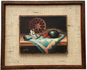 Vintage Native American School Still Life Moccasins, Rug, Signed