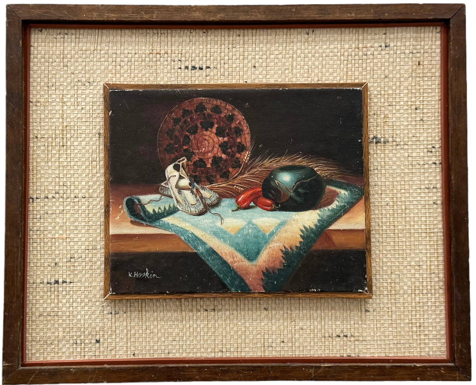 Vintage Native American School Still Life Moccasins, Rug, Signed: Oil on board 10 x 8 in, 18.5 x 15 in (framed)