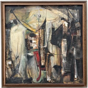 Mid-Century Modern American School Abstract Oil & Collage, Signed