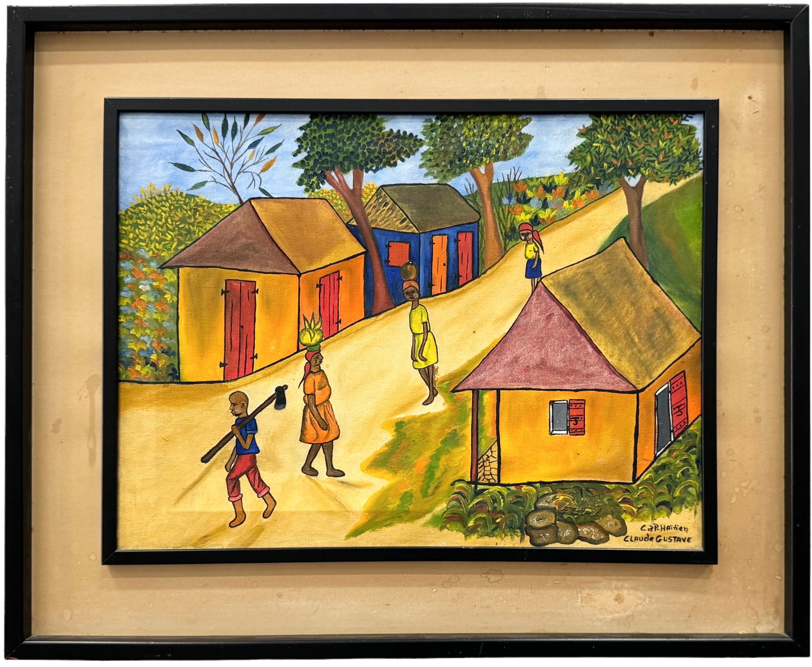 CLAUDE GUSATIVE (20th c, Haitian) Village Scene: Oil on board 27 x 22 in (framed)