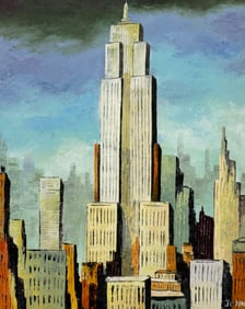 American School Modernist New York City Empire State Building Painting, Signed