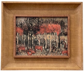 1950's Mid-Century American Modernist Landscape w/ Cows, Signed