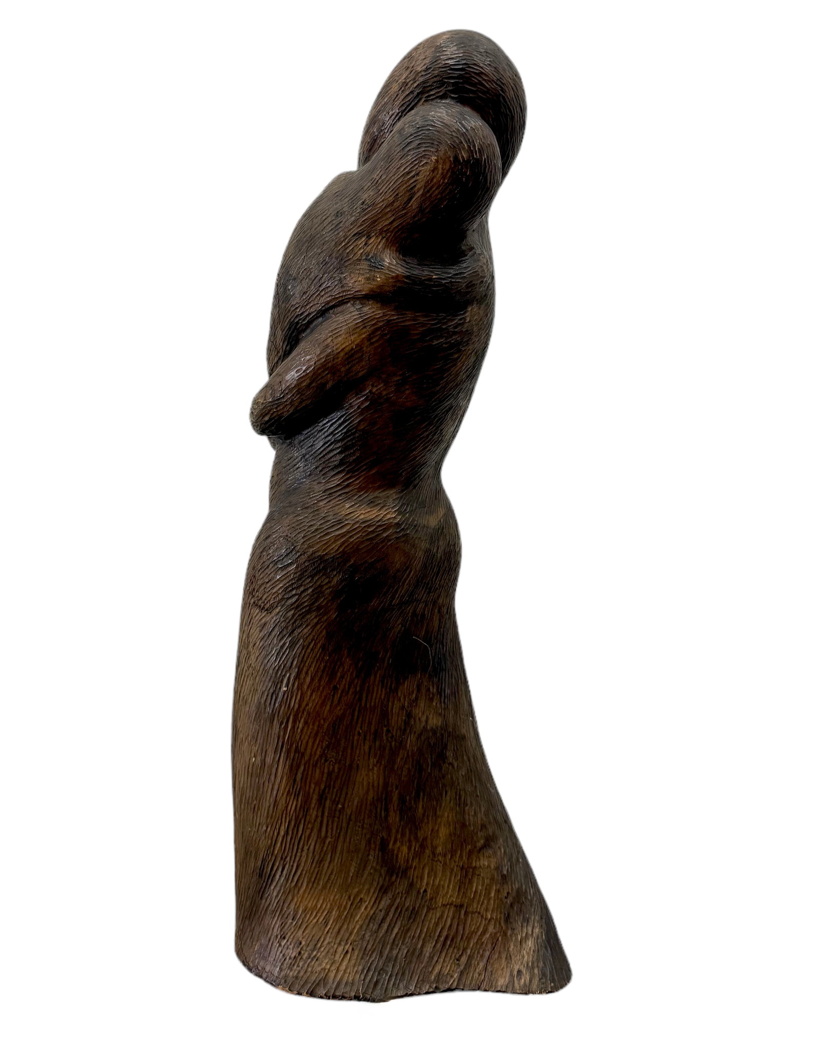 Mid-Century Mother & Child Wood Sculpture, Signed: Size 24 x 8 x 5 in
