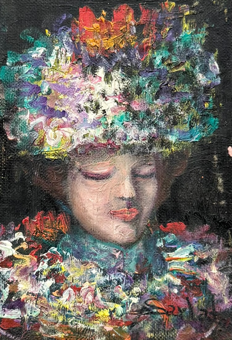 Vintage Cuban School Modernist Portrait Of A Woman, Signed: Oil on board 5 x 7 in