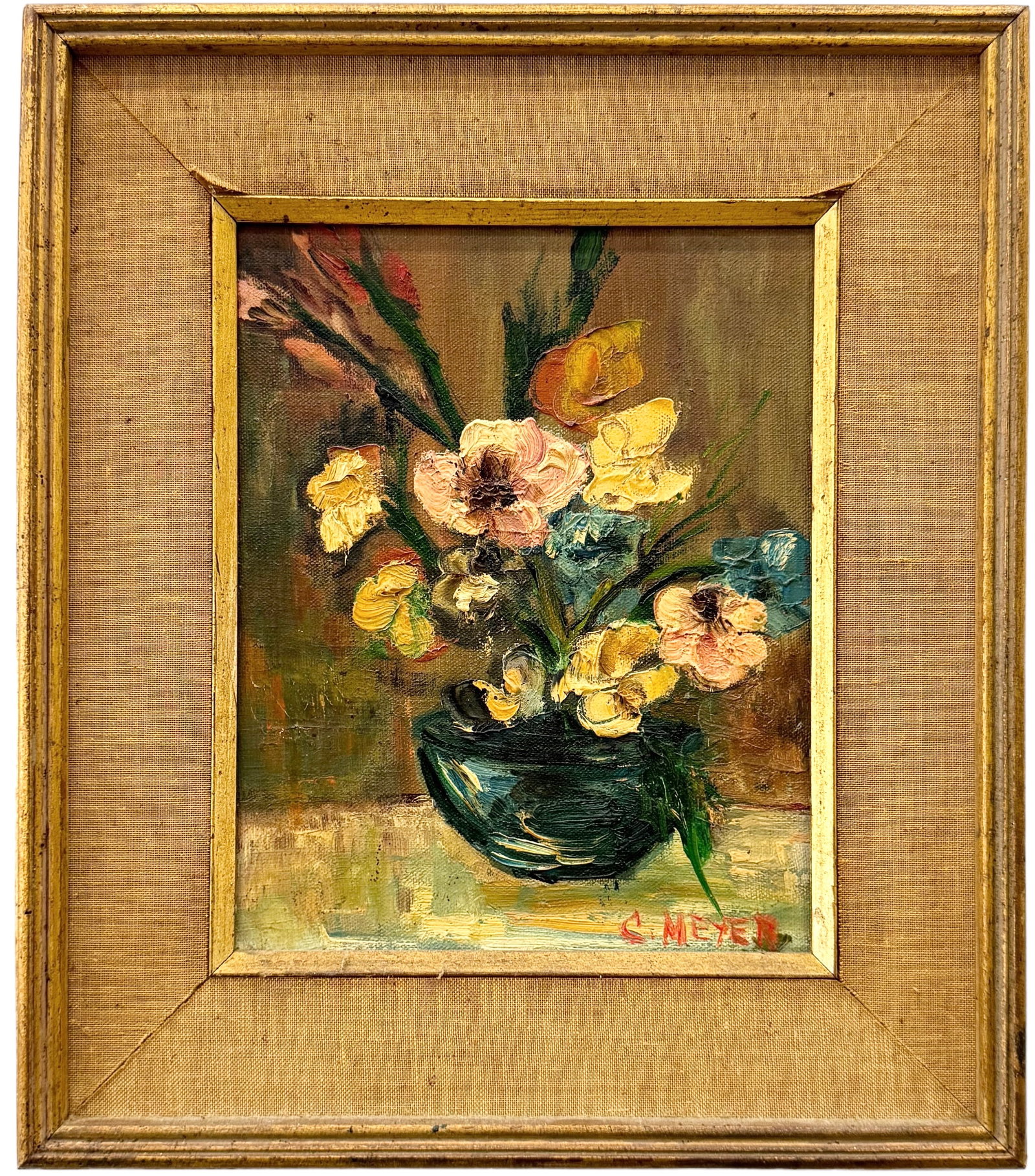 Vintage American School Impressionist Still Life Of Flowers, Signed: Oil on canvas 10 x 8 in, 15 x 13 in (framed)