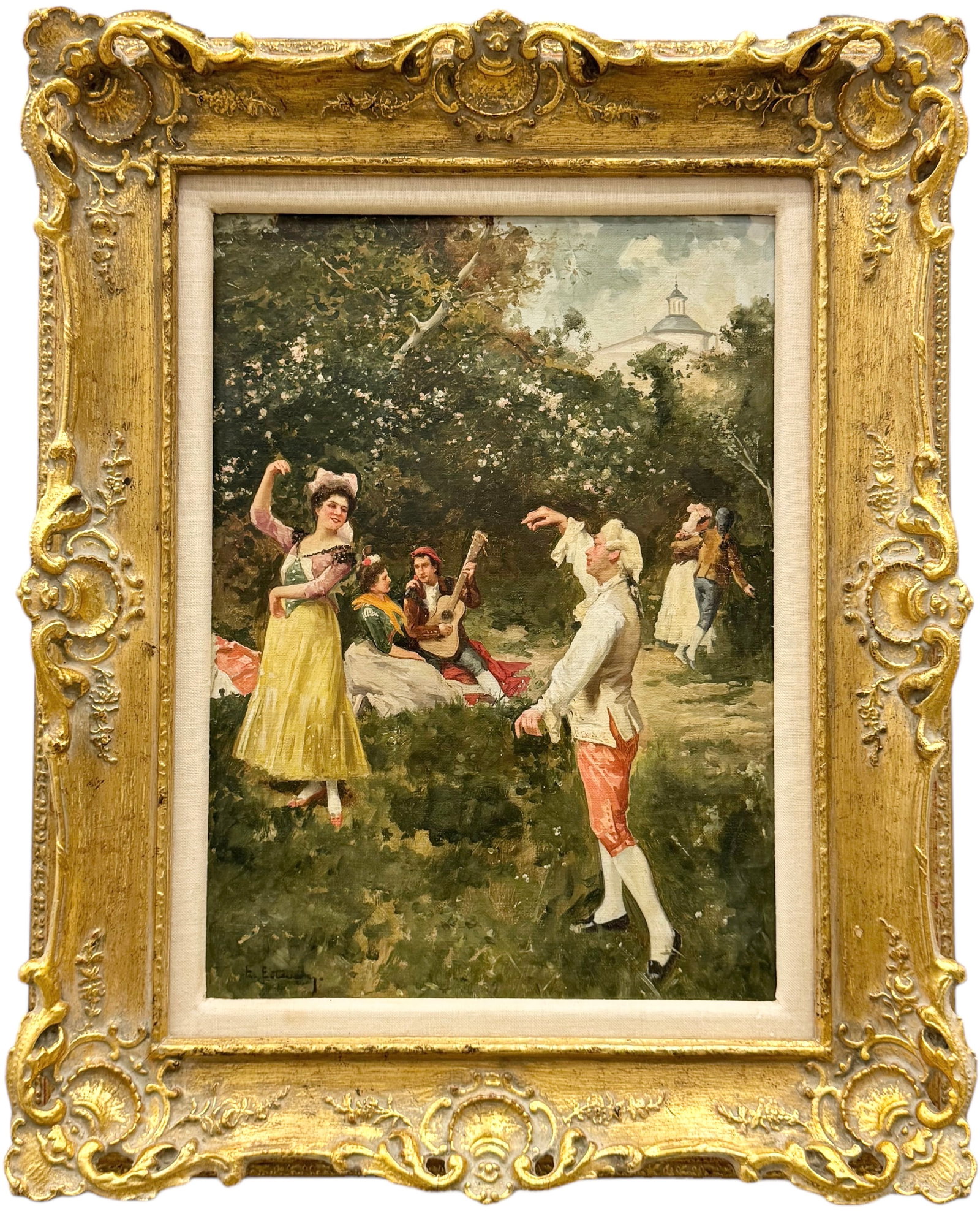 ENRIQUE ESTEVAN (1849-1927, Spanish) Musical Courting Scene: Oil on canvas 17 x 12 1/4 in, 24 x 19 1/4 in (framed)