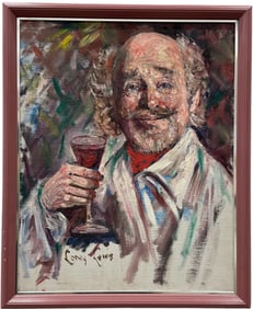 American School Portrait Of A Man Drinking Wine, Signed