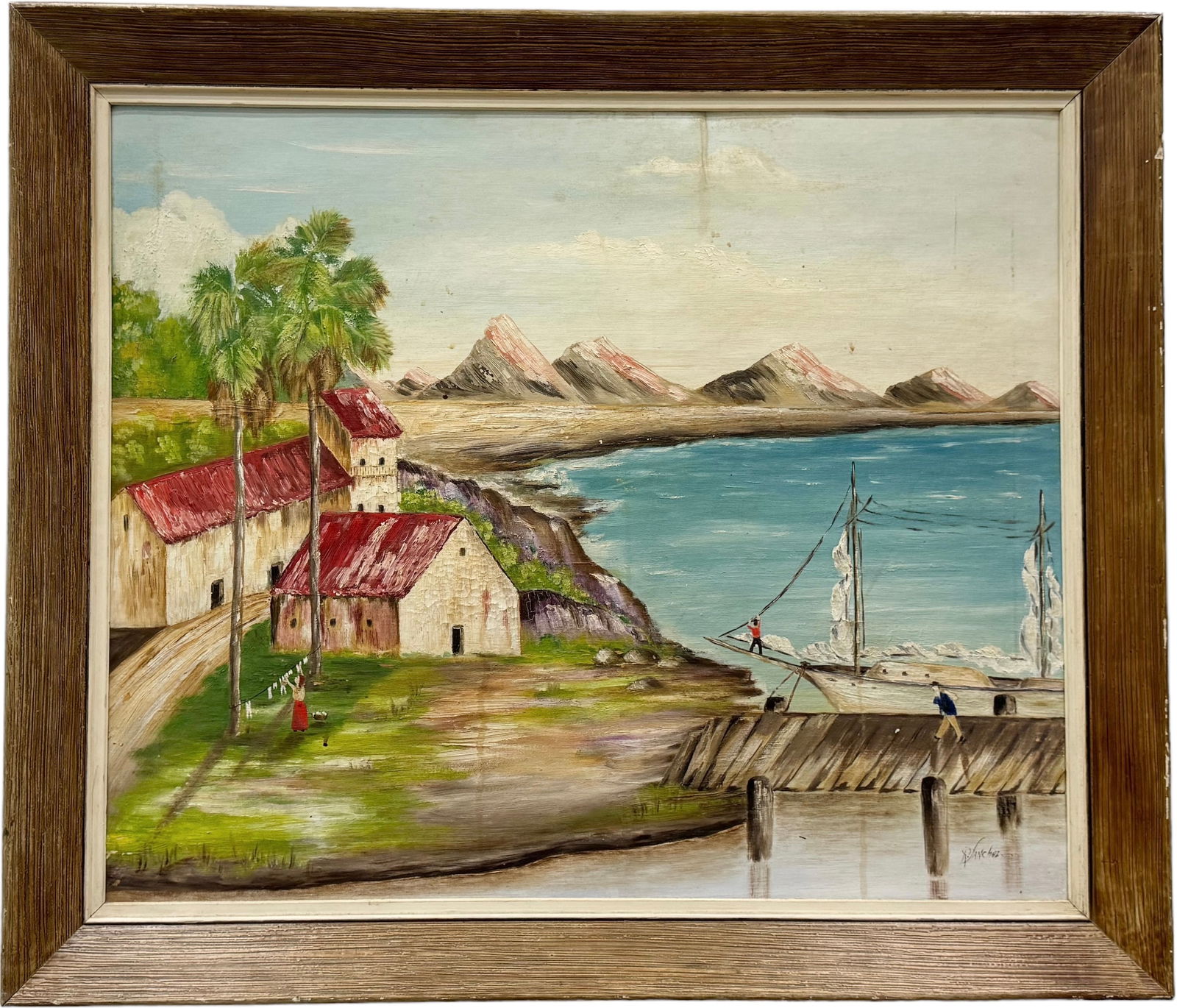 Vintage Primitive Cuban School Coastal Landscape, Signed (1 of 3)