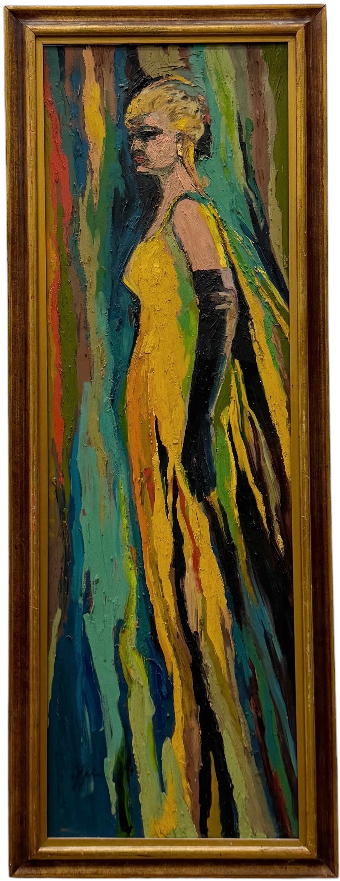 Mid-Century American Surrealist Figural Abstract Of A Woman, Signed: Oil on board 52.5 x 20 in (framed)