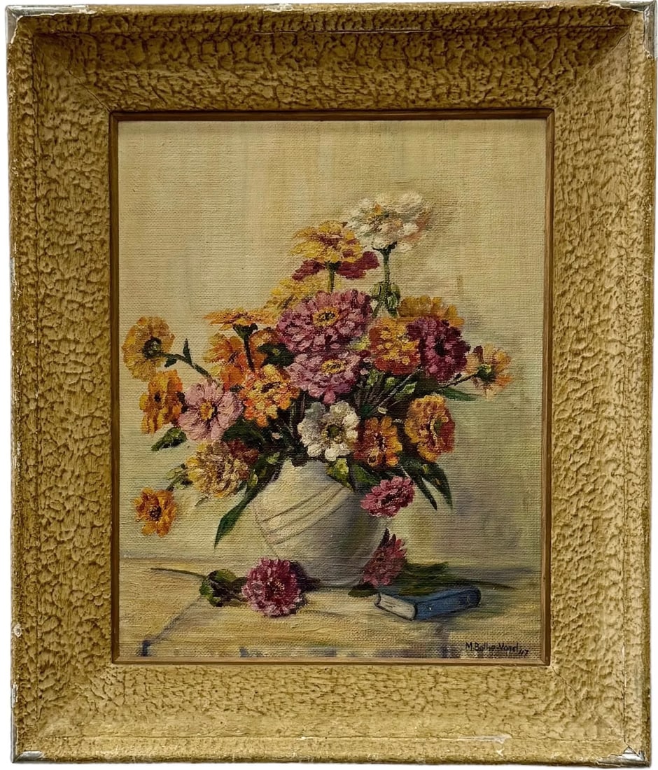 1940's American School Still Life Of Flowers, Nicely Framed: Oil on board 20.5 x 16.5 in, 26 x 22 in (framed)