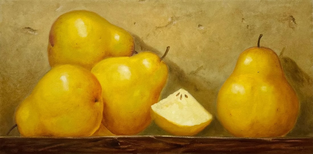Latin American School Still Life Of Pears Signed Montoya: Oil on canvas 47.5 x 23.5 in