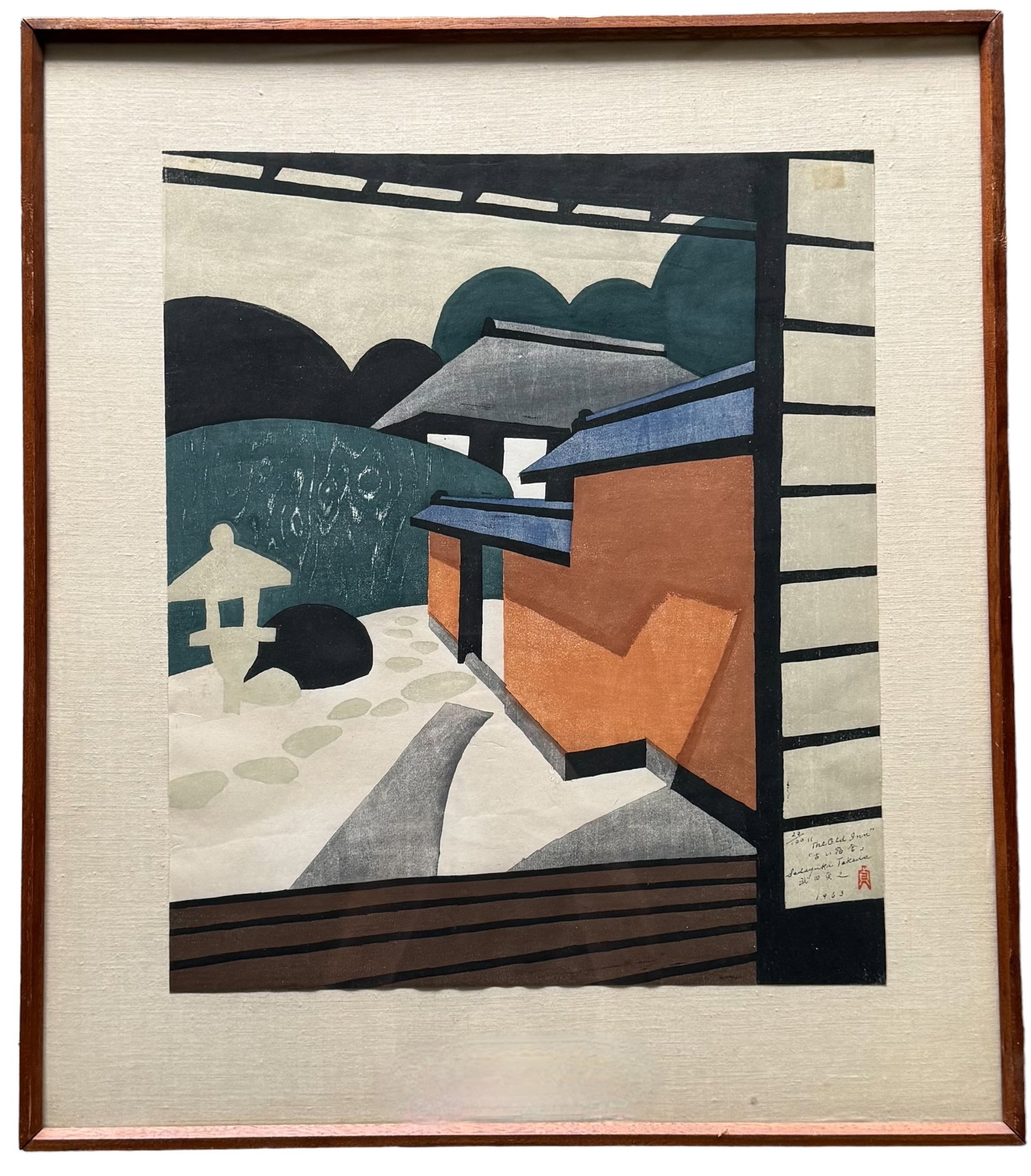 Sadayuki Takeda , The Old Inn, Japanese Woodblock Nicely Framed: Size 28 x 25 in (framed)