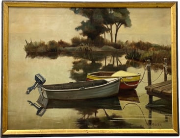 American Impressionist Lake Scene With Boats By Stan Miller