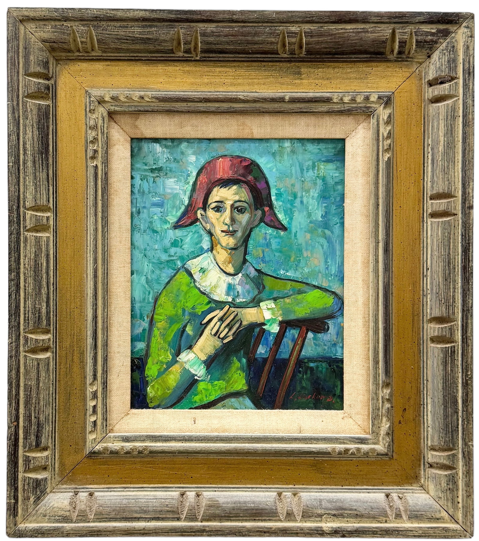 Mid-Century French School Portrait Of A Jester, Signed: Oil on board 10 x 8 in, 18 x 16 in (framed)