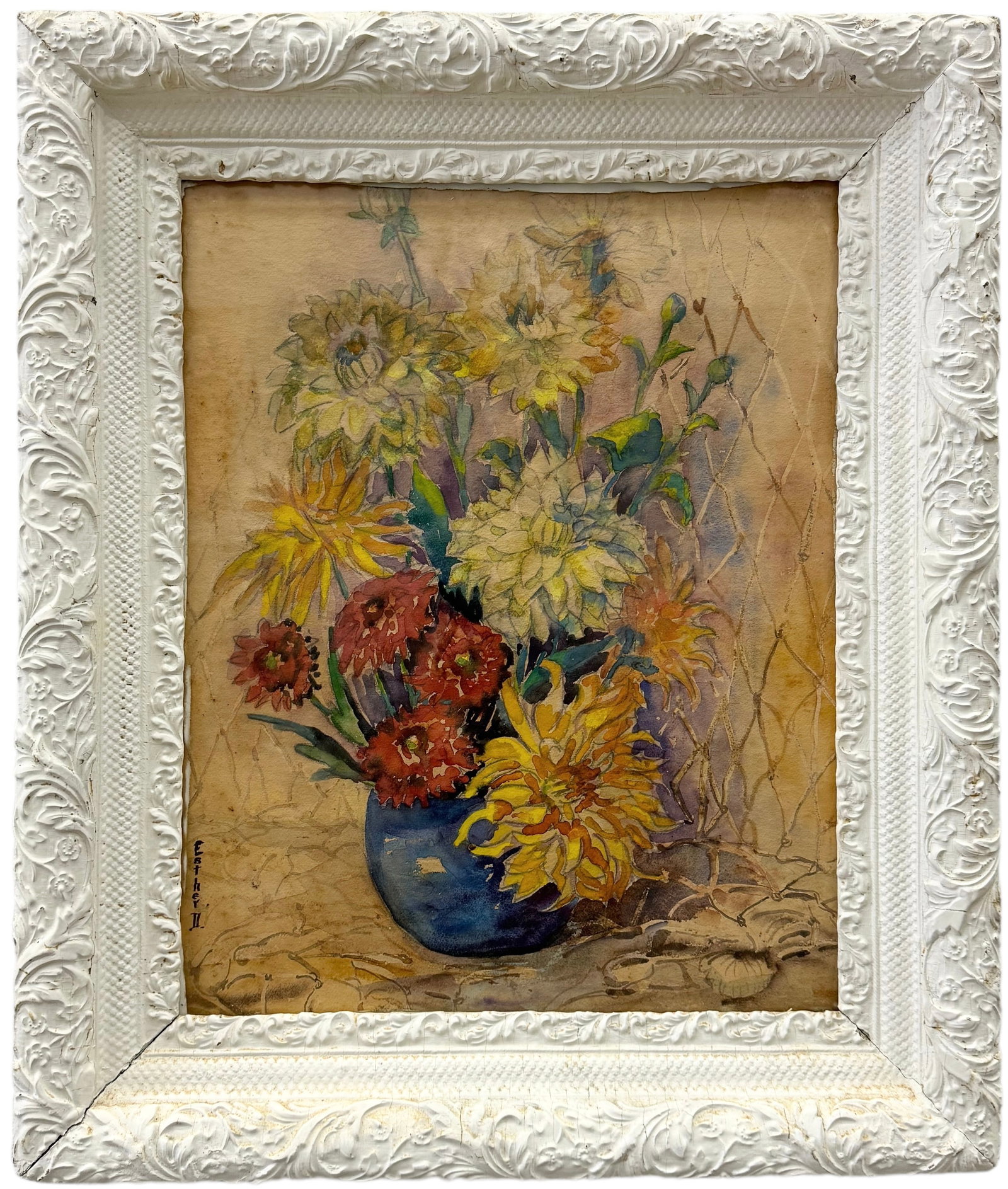 Nicely Framed American School Still Life Of Flowers, Signed: Watercolor on paper 26 x 22 in (framed)