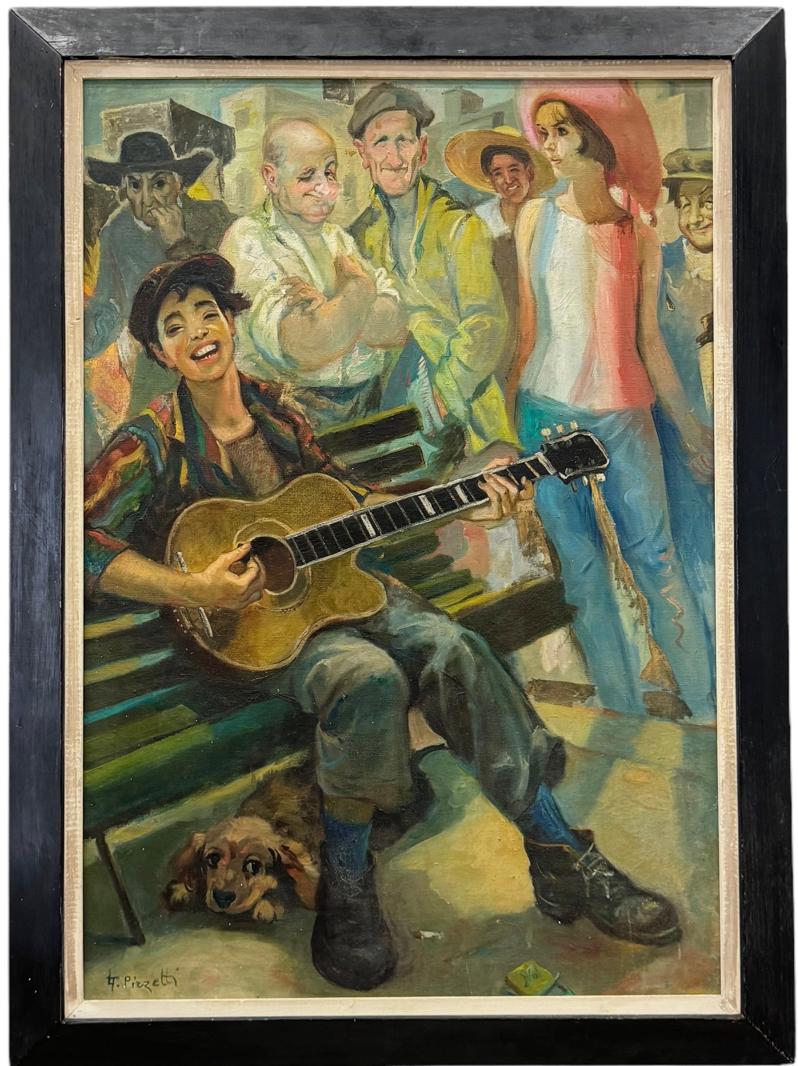Italian School Modernist Street Scene Street Musician w/ Dog, Signed: Oil on canvas 39 x 27 in, 45.5 x 33.5 in (framed)