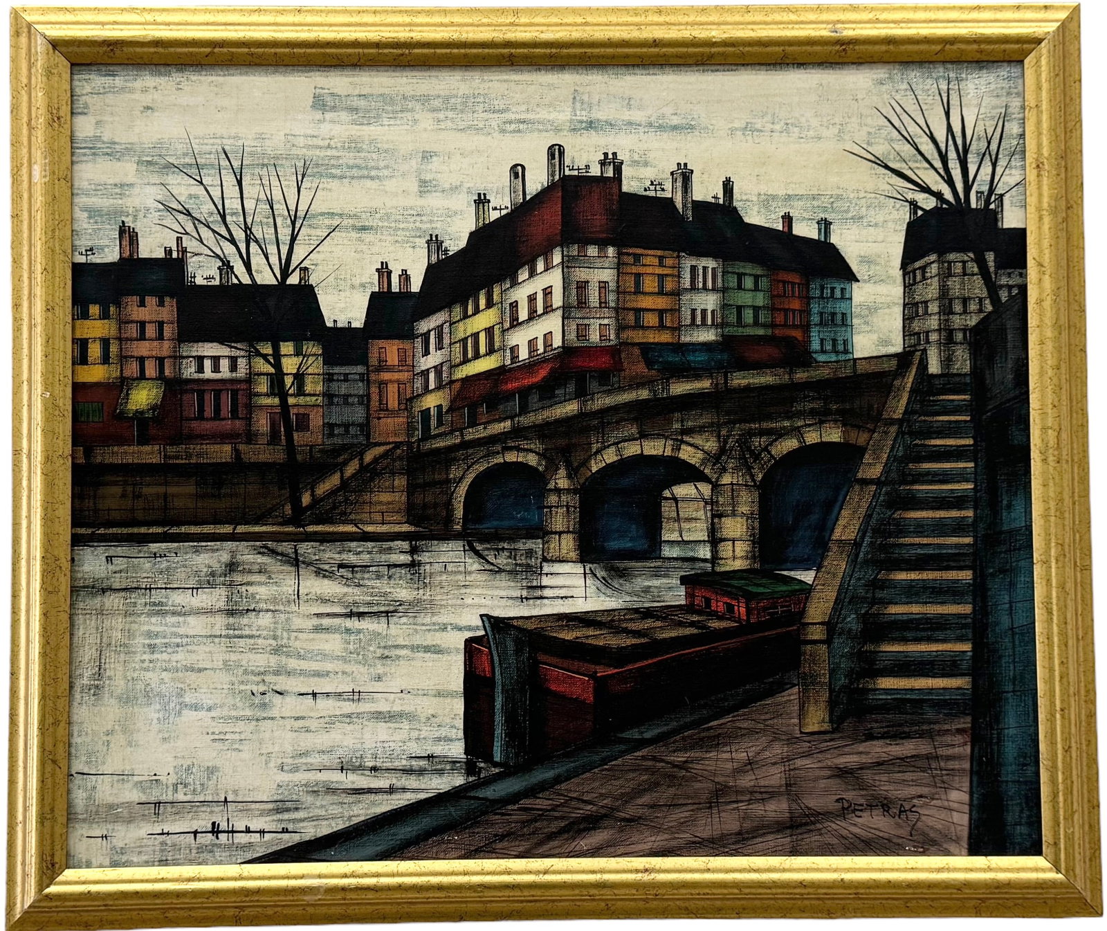 Vintage Paris School Modernist City Scene, Signed: Oil on canvas 27 x 23 in (framed)
