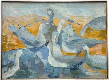 Mid-Century Modern American Abstract w/ Birds Unsigned Heavy Impasto