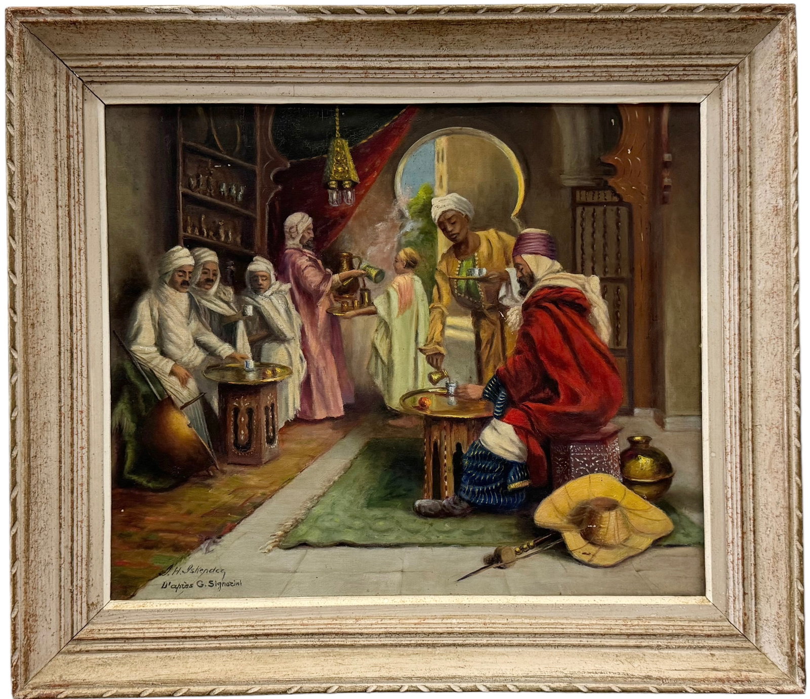 Vintage Orientalist Genre Painting, Signed: Oil on canvas 22 x 18 in, 27 x 23 1/2 in (framed)