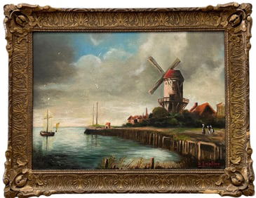 Antique Dutch School Landscape With Windmill, Signed, Nice Gesso Frame