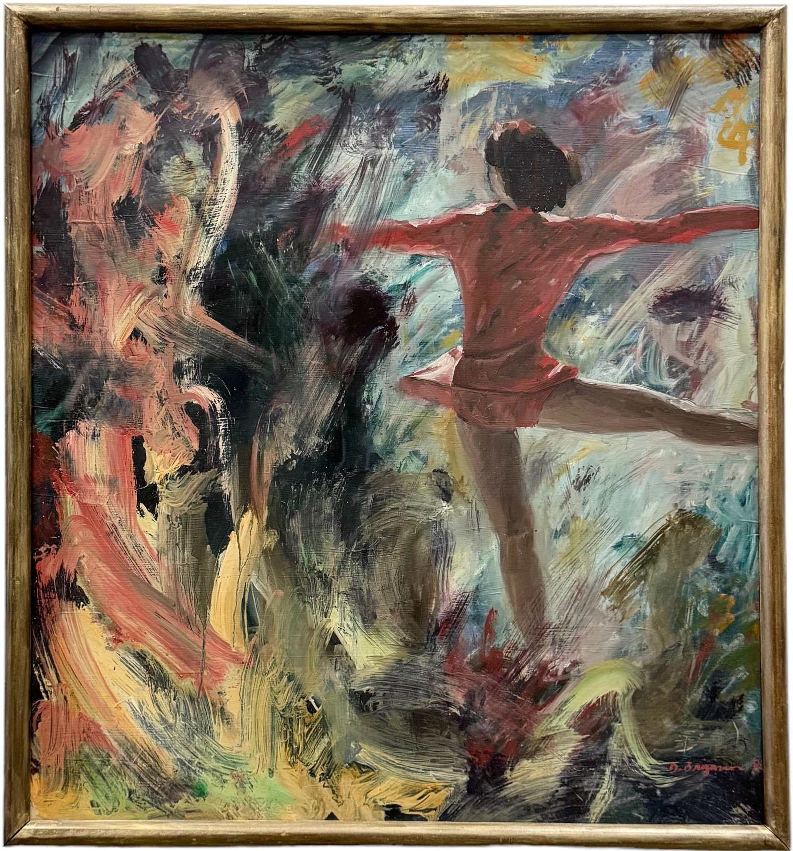 Vintage American School 1980's Abstract w/ Ballerina, Signed: Oil on masonite 27 x 25.5 in