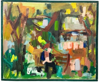 Large American School Mid-Century Modern Abstract Park Scene w/ Dog