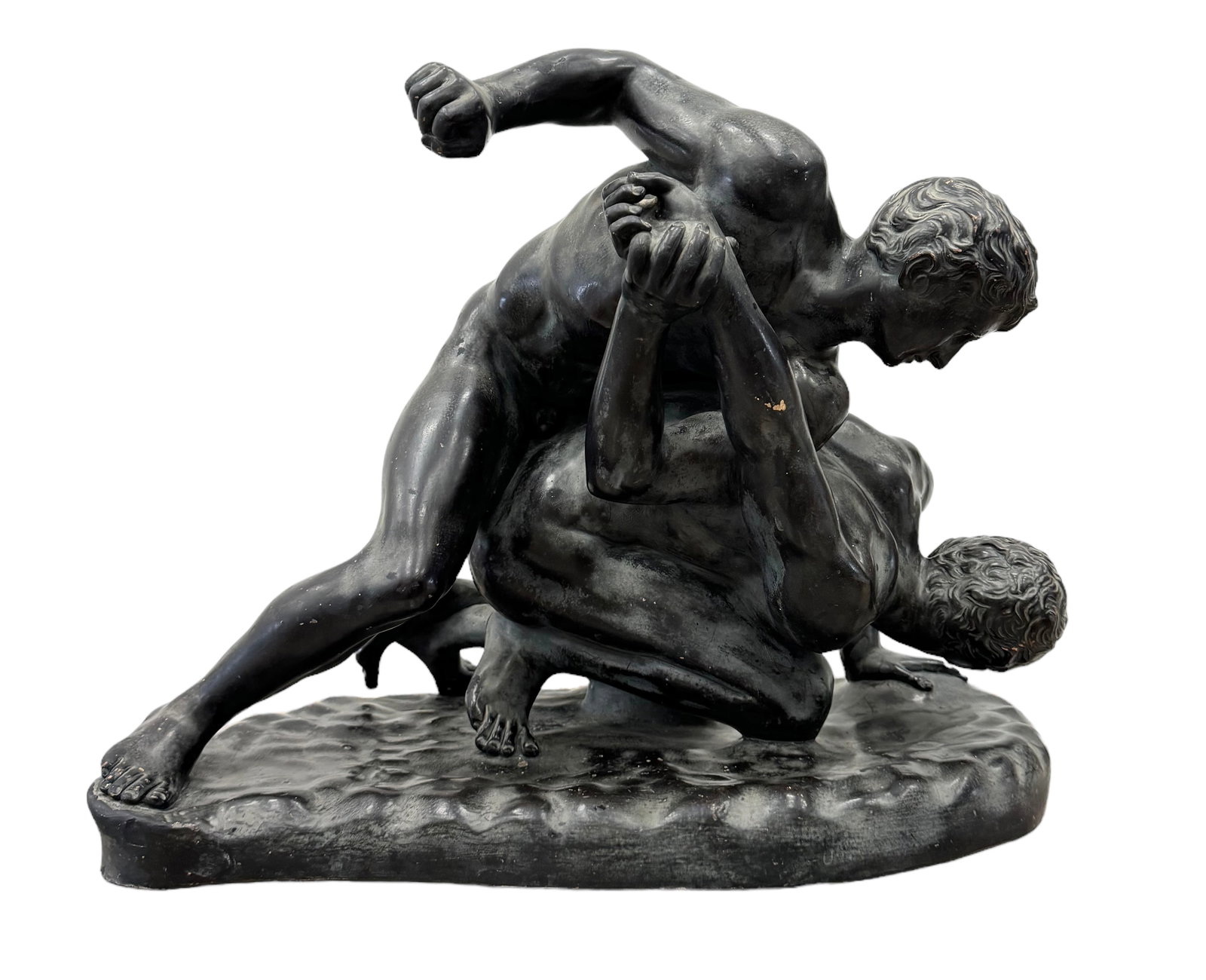 Large Antique Italian Grand Tour Terracotta Sculpture Of Wrestlers: 18 x 15 x 9 in