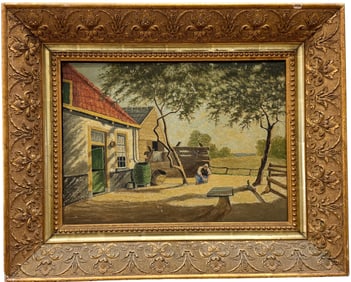 Antique Dutch School Village Genre Painting, Signed, Nicely Framed