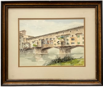 Vintage Italian School Watercolor Ponte Vecchio Florence, Italy Watercolor Signed