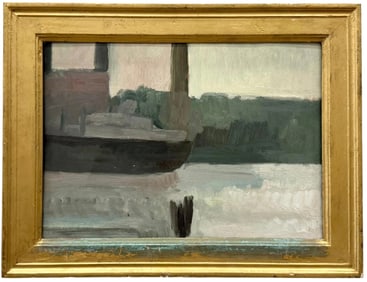 American School Impressionist Harbor Scene With Boat, Unsigned