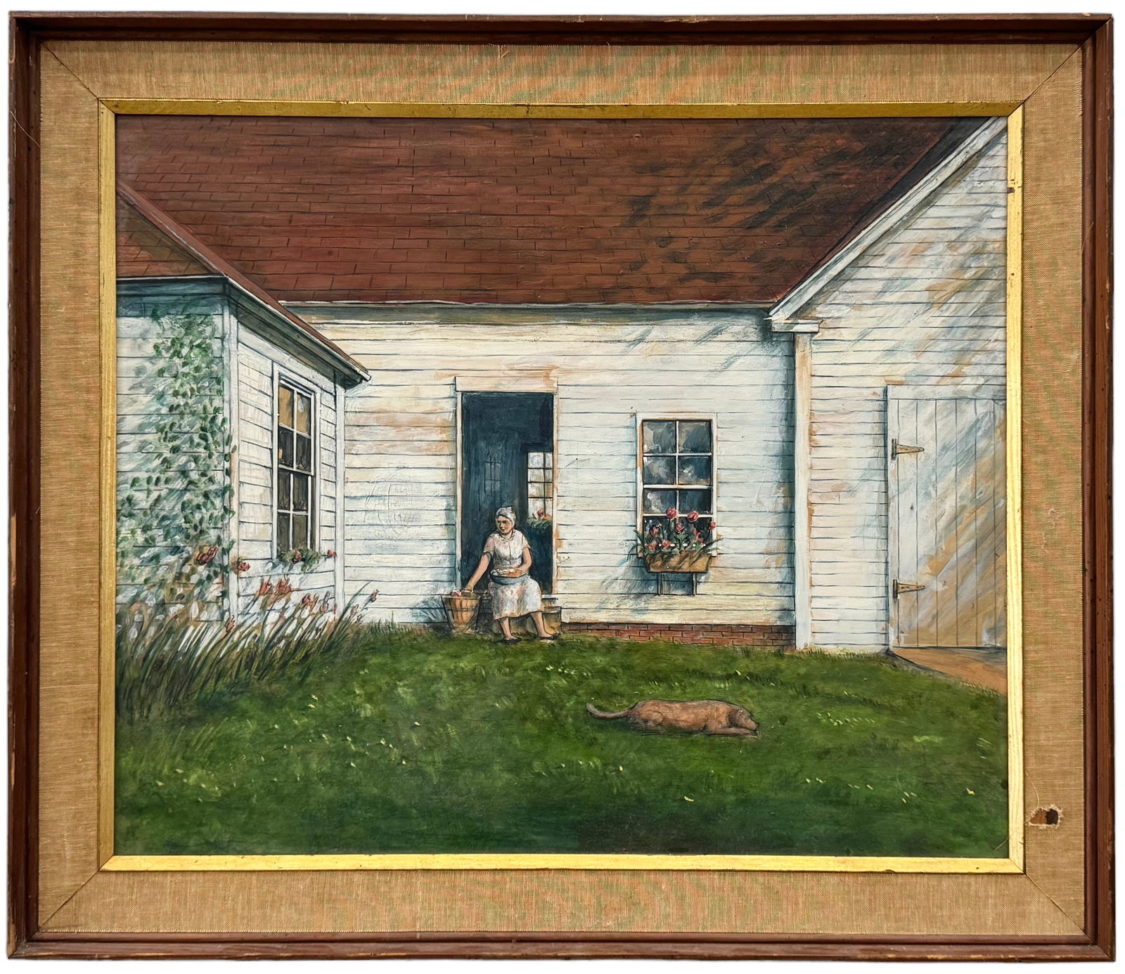 American School Rural Realism Woman w/ Her Dog, Unsigned: Oil on board 28.5 x 24.5 in (framed)
